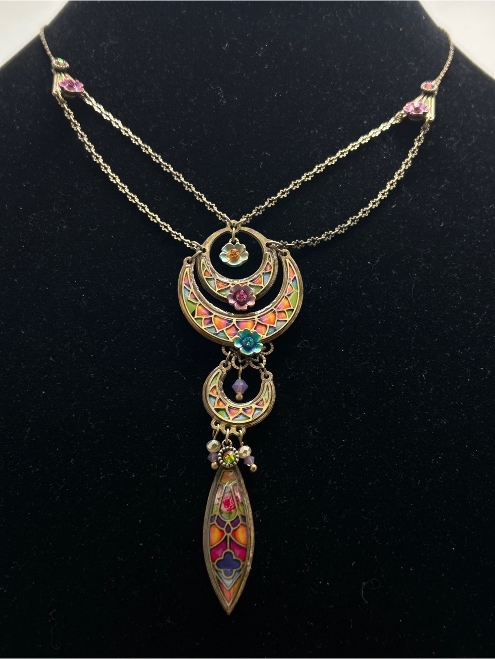 Michael Negrin, Colorful Cloisonne’ Art Deco Necklace, Handmade, Swarovski